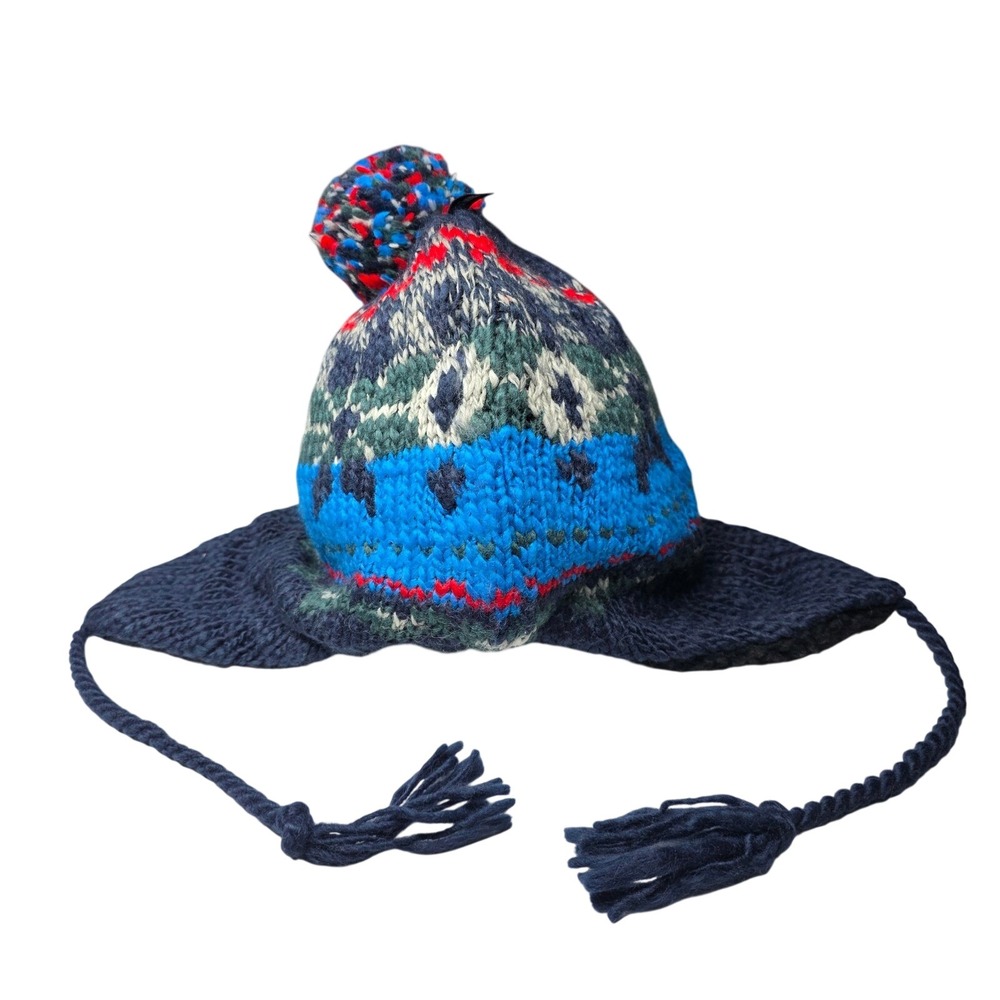 American Eagle Fair Isle Trapper Hat Blue Wool Blend Faux Fur Lined OS